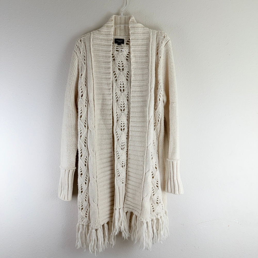 American Eagle Cardigan L Cream Fringe Cable Knit Boho Cottagecore Longline